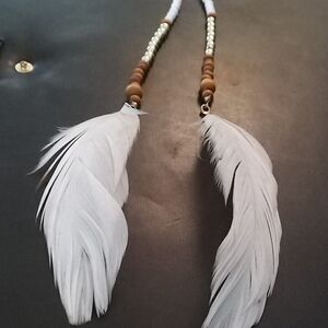 Feather Earrings Wooden Beads - White Feathers